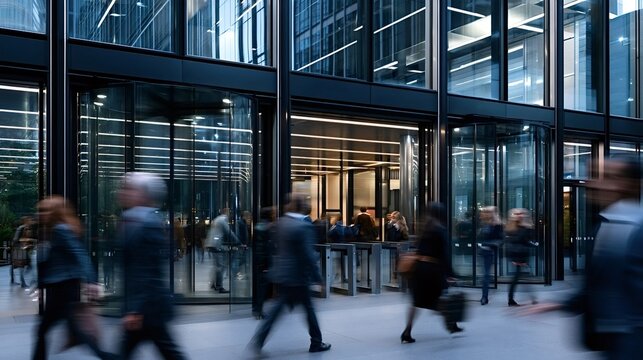 Diverse business people with motion blur walking into and out of a contemporary glass office building entrance, representing urban corporate life and activity