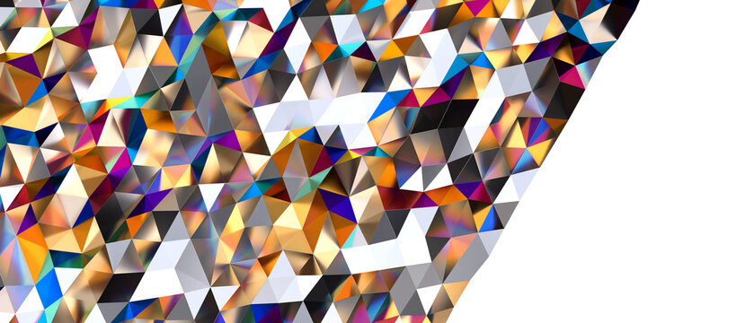 Dynamic abstract geometric pattern featuring iridescent triangles and bright colorful light effects