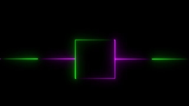 Abstract glowing neon rectangle border frame. neon color neon box with glowing neon lines on black background. Repetitive moving with neon lights shrinking and expanding. Black .