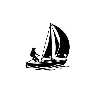 Man rowing small sailboat on ocean waves black silhouette vector design element for water sports marine activities and nautical theme adventure travel projects.