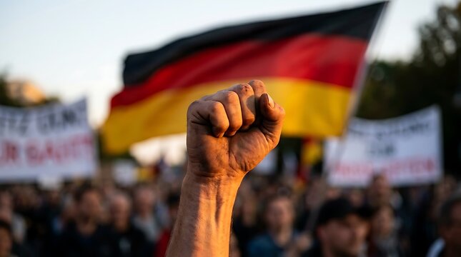 Raised fist of a protestor at a public demonstration with the german flag