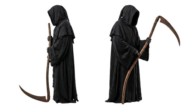 Two grim reaper figures holding scythes dark hooded robes halloween costume eerie fantasy character.