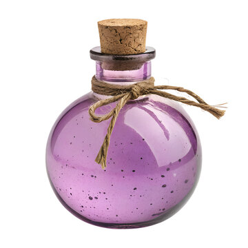 Vintage Purple Glass Potion Bottle with Cork Stopper and Twine Isolated on White Background