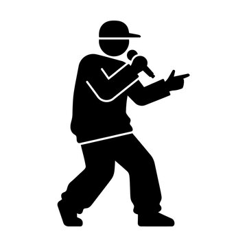 Hip hop singer performing live on stage with microphone and cap captured in a dynamic stylized silhouette representing musical performance and street culture.