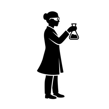 Female scientist silhouette wearing lab coat and safety goggles holding chemical flask for laboratory research pharmaceutical development or medical science study.
