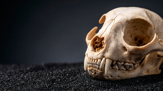 Scientific feline skull anatomy display on dark textured volcanic sand with stark studio lighting contrast