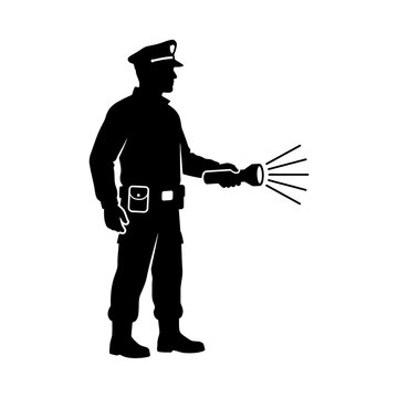 Security guard silhouette in black uniform holding shining flashlight provides safety and protection services for night watch monitoring or emergency patrol use.