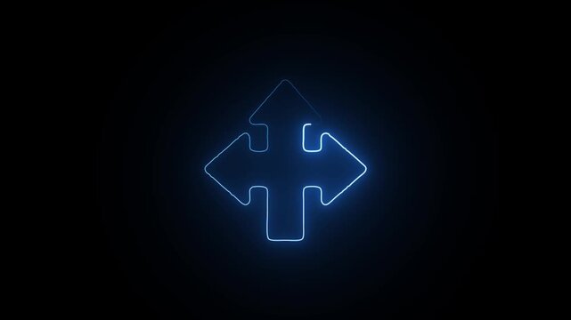 Glowing neon blue cross directional arrow icon on black background a bright shaped showing multiple directions against a dark backdrop