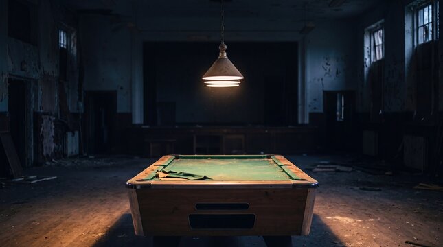 Vintage dilapidated billiard pool table in rustic hall view