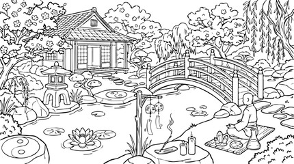 Naklejka premium Stylized Japanese garden scene with a traditional house, arched bridge, meditating figure, and water features, line art illustration.