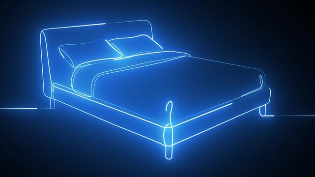 Glowing blue neon outline of a double bed on a dark background