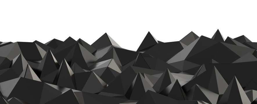Abstract low poly dark grey geometric peaks on a black background. Modern digital 3D render.