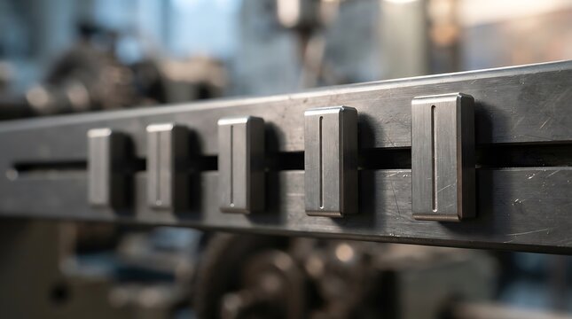Industrial abcde components aligned on a metal track inside a workshop with close-up mechanical details