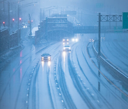 Winter travel snow bad weather copy space background image, city life , fresh snow, season authentic bad wether conditions