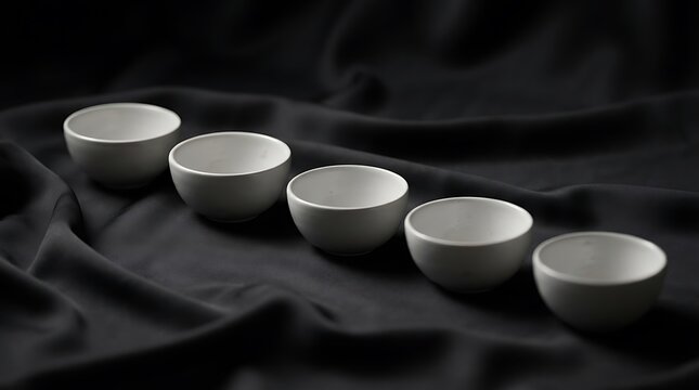 Minimalist white bowls arranged in a diagonal line on a dark fabric surface representing abcde