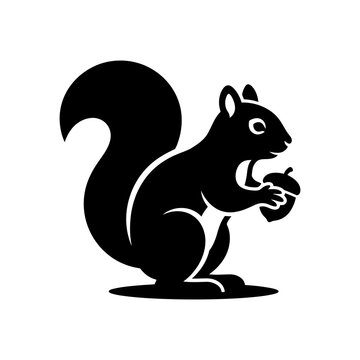Wild squirrel silhouette holding acorn nut while sitting on ground. Black forest animal icon representing autumn wildlife and nature conservation themes for web.