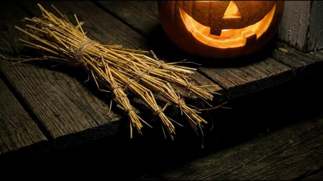 Atmospheric halloween scene featuring a glowing jack o lantern and a bundle of straw on rustic wooden porch steps during a dark spooky autumn night