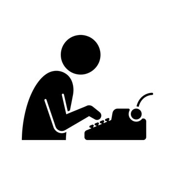 Minimalist writer silhouette typing on retro typewriter represents creative storytelling journalism and blogging concept for content marketing and author website.