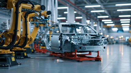 Fototapeta premium Robotic assembly systems working on vehicle chassis in advanced manufacturing facility
