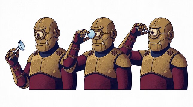 Steampunk cyclops robot illustration sequence applying large contact to eye
