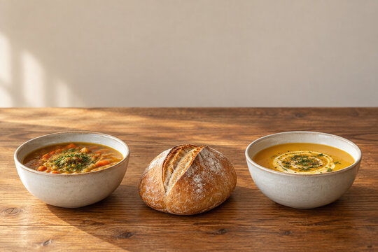 Two ceramic soup bowls and artisan bread on wooden table