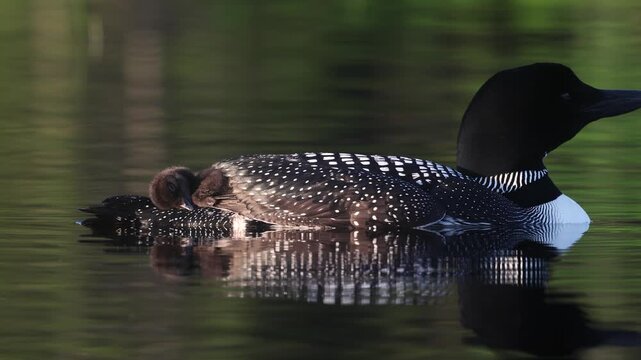 A common loon with a chick on its back