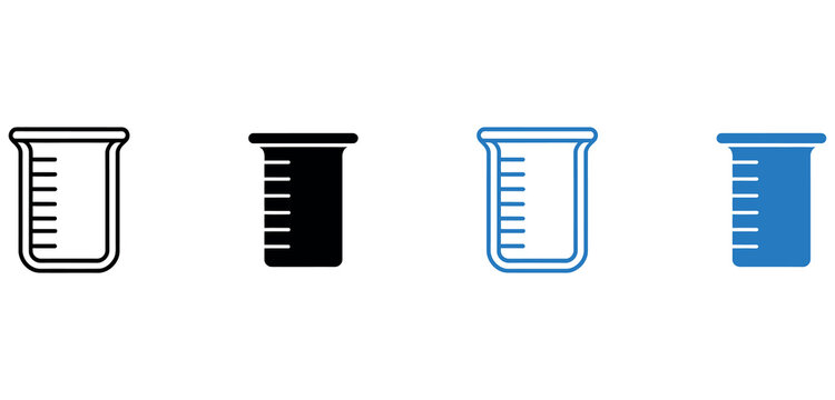 Set of scientific laboratory beaker glass vector icon symbols in black and blue outline styles