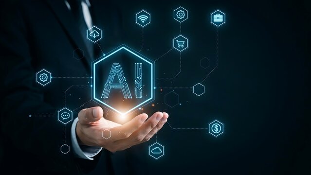 Artificial Intelligence concept with network of icons hovering above a businessman's outstretched hand on a dark background, representing innovation and technology