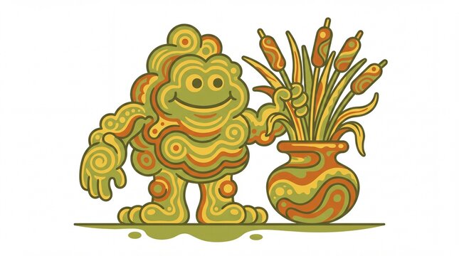 Retro vector illustration of a friendly swamp creature arranging cattails in a vase