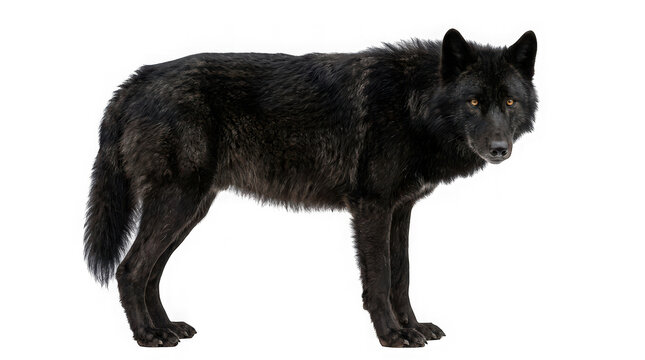 Full body portrait of a majestic black wolf standing in profile isolated on transparent background
