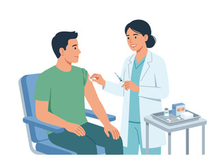Obraz premium Healthcare Medical vaccination vector illustration, female doctor giving injection to patient, healthcare professional administering vaccine in clinic vector