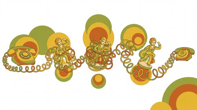 Vintage 1970s vector rotary phone cord tangling struggling figurine across five sequential stages