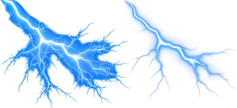 Pair of electric blue lightning bolts with branching forks, bright white cores and glowing blue halos, presented as two distinct dramatic energy effects, isolated on a transparent background.