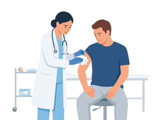 Fototapeta premium Healthcare Medical doctor vaccinating patient in clinic, female physician giving injection to man, healthcare professional providing vaccine vector vector