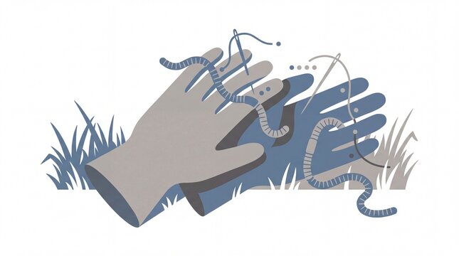 Two-color vector illustration of earthworms darning gardening gloves with needle and thread