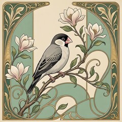 Fototapeta premium 아르누보 디자인 배경, 문조, jpeg (Art Nouveau Design Background, Java sparrow, jpeg)