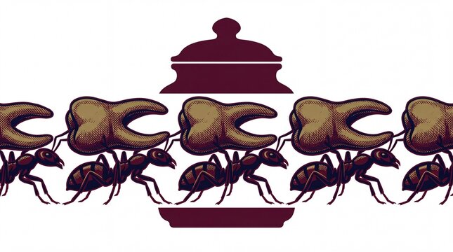 Vintage vector illustration of ants carrying molar teeth around an apothecary jar