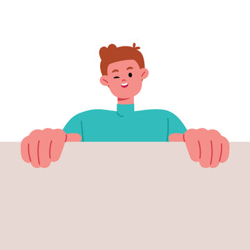 Young man peeking over a blank wall, vector illustration