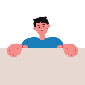 Young man peeking over a blank wall, vector illustration