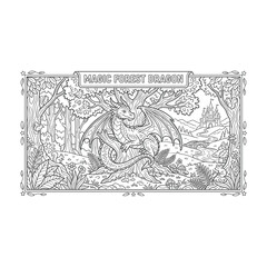 Obraz premium Enchanted Forest Dragon Coloring Page Illustration.