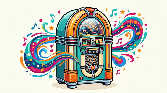 Music jukebox retro vintage in colorful sound audio of player nostalgia psychedelic illustration vector swirl