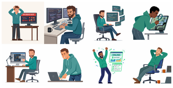 Set of illustrations showing male programmers and software developers in various work scenarios including data breach, coding, bug fixing, and celebrating success.