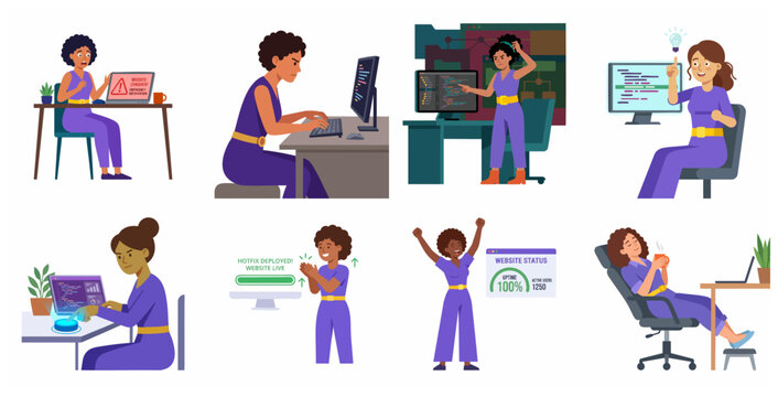 Set of flat vector illustrations depicting a female software developer's journey from a critical website crash to successful hotfix deployment and final relaxation.