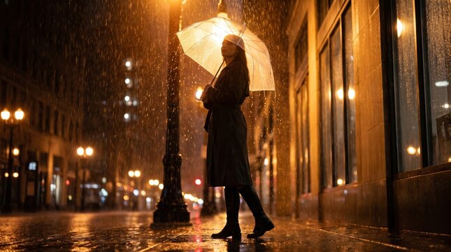 Woman stands holding transparent umbrella under warm street lights in city rain.