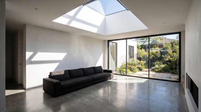 Modern living room features sleek concrete floor beneath architectural skylight.