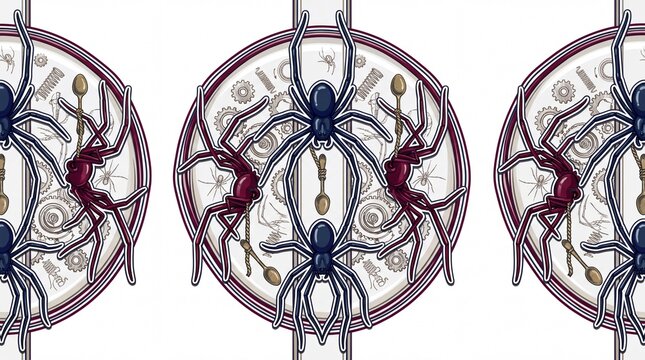 Seamless vector pattern of cellar spiders hoisting brass spoons amid vintage gears and ropes