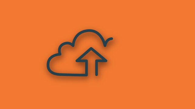 Minimalist cloud upload icon with clean black outline and upward arrow, set against vibrant solid orange background.