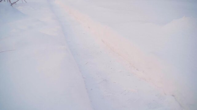 Snow covered ground with faint tracks in winter