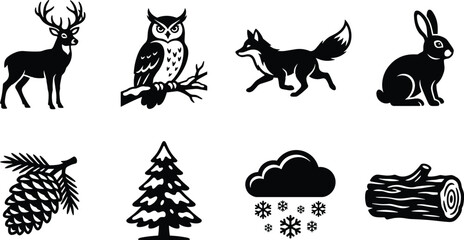 Fototapeta premium Winter Woodland Wildlife Silhouette Collection with Deer Owl Fox Rabbit Pinecone Evergreen Tree Snow and Log