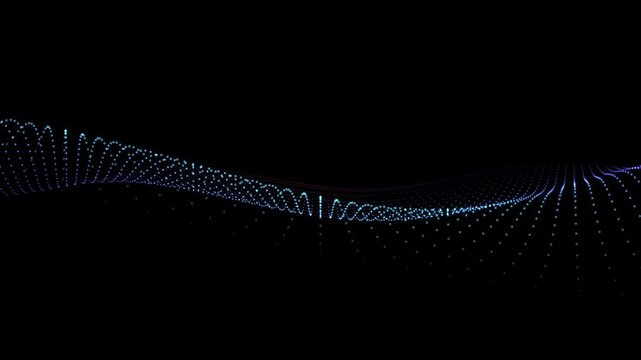 Abstract flowing dot wave pattern with violet and blue gradient light animation on black background.